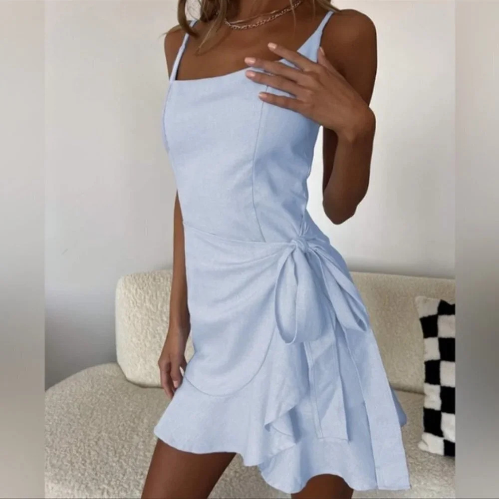 Princess Polly Cottage Hill Mini Wrap Dress Baby Blue Size 4  NWT